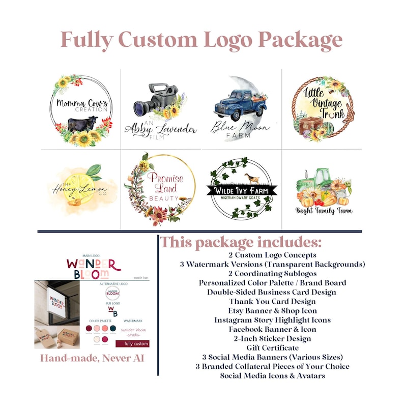 K&ouml;nnte beinhalten: Werbegrafik f&uuml;r ein individuelles Logo-Paket. Das Design zeigt Beispiel-Logos mit floralen und rustikalen Themen, darunter eine Kuh, eine Filmkamera und ein blauer LKW. Der Text enth&auml;lt "Fully Custom Logo Package" und "Hand-made, Never AI."