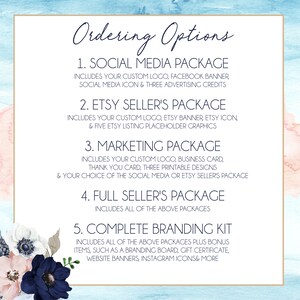 K&ouml;nnte beinhalten: Grafik mit der Aufschrift &bdquo;Bestelloptionen&ldquo; und nummerierten Paketbeschreibungen. Pakete umfassen Social Media, Etsy-Verk&auml;ufer, Marketing und komplette Branding-Kits. Der Hintergrund hat ein Aquarelldesign mit floralen Akzenten.