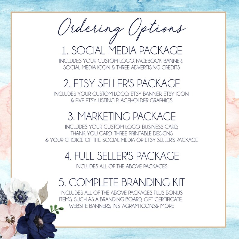 K&ouml;nnte beinhalten: Grafik mit der Aufschrift &bdquo;Bestelloptionen&ldquo; und nummerierten Paketbeschreibungen. Pakete umfassen Social Media, Etsy-Verk&auml;ufer, Marketing und komplette Branding-Kits. Der Hintergrund hat ein Aquarelldesign mit floralen Akzenten.