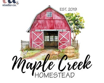 May include: Watercolor illustration of a red barn with white doors, a deer, and a haystack. The text "Maple Creek Homestead" is written in a script font. The words "EST. 2019" and "PREMADE" are also visible.
