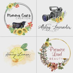 K&ouml;nnte beinhalten: Vier Aquarell-Logos: "Momma Cows Creation" mit einer Kuh und Sonnenblumen, "An Abby Lavender Film" mit einer Kamera, "The Honey Lemon Co." mit einer Zitrone und einem Honigl&ouml;ffel und "Promise Land Beauty" mit Blumen.