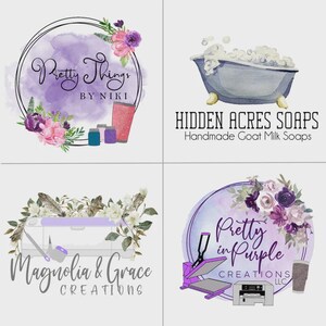 K&ouml;nnte beinhalten: Vier Logos mit floralen Akzenten und Text. "Pretty Things by Niki" befindet sich in einem lila Aquarellkreis mit Blumen und einem Becher. "Hidden Acres Soaps" zeigt eine Aquarellbadewanne. "Magnolia & Grace Creations" hat eine Bastelmaschine. "Pretty in Purple Creations" hat eine Hei&szlig;presse.