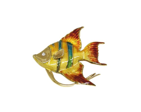 18k Gold Enameled Tropical Fish Brooch/Pendant - image 4