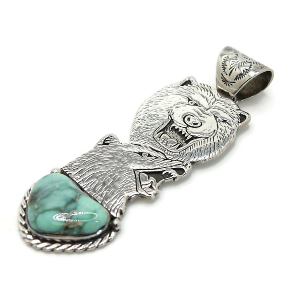 FREDDY CHARLEY Navajo Native American Sterling Silver Turquoise Bear Pendant