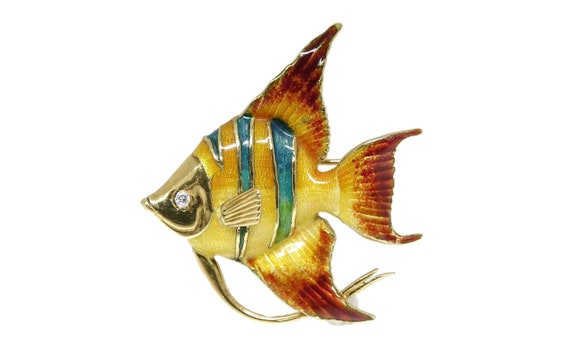 18k Gold Enameled Tropical Fish Brooch/Pendant - image 1