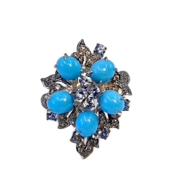 18k White Gold Turquoise Sapphire and Diamond Flor