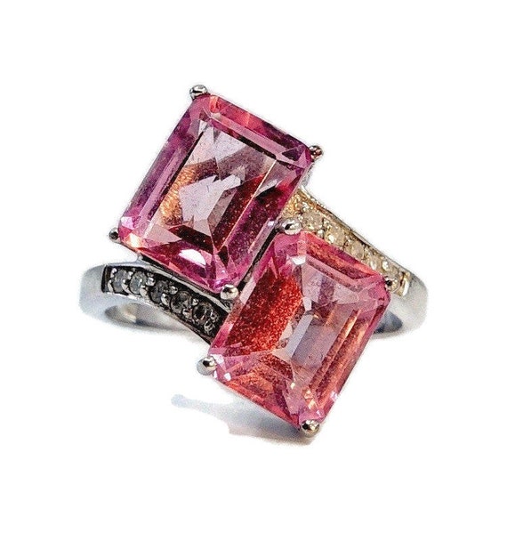 14k White Gold Two Stone Emerald Cut Pink Topaz Ri