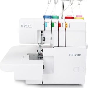 May include: White sewing machine with the model number FY505 printed on the side. The machine has four spools of thread in different colors, and the brand name "FEIYUE" is printed on the front.