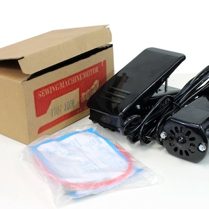 May include: A sewing machine motor kit, including a black motor, foot pedal, and a cardboard box with the text "SEWING MACHINE MOTOR" and "110V 100W". A plastic bag contains a red and white cord.