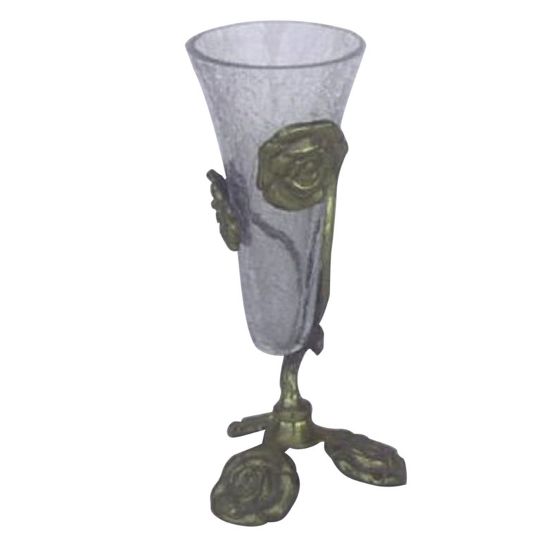 Brass Rose Stand Crackle Glass Container