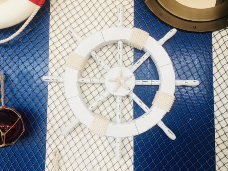 Rustic White Decorative Ship Wheel with Starfish 18