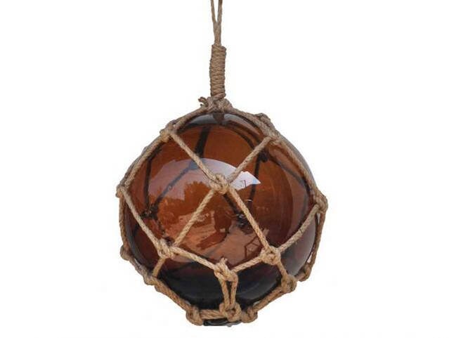 Handcrafted Model Ships 12 Amber Glass - Old Amber Japanese Glass Ball Fishing Float With Brown Netting Decoration 12