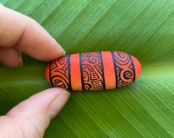 Orange Doodle Pattern Hand Painted Rock Art. Acrylic Paint.