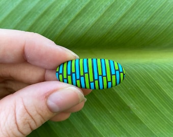 Aqua and Green Lined Pattern - Hand Painted Rock Art. Acrylic Paint.