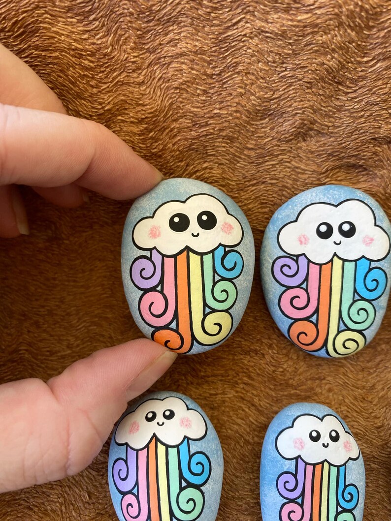 Blue Cute Rocks Happy Cute Rainbow Clouds - (choose 1 Rock) Hand Painted Rock Art ...