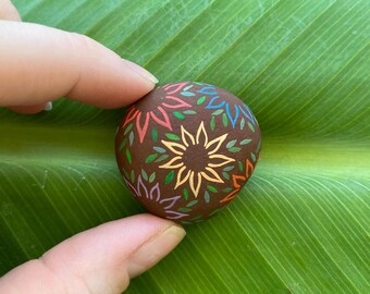 Leafy Flower Pattern Hand Painted Rock Art. Acrylic Paint.