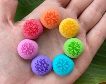 Hand-Painted Flower Pebble Set, Chakra Colors, Rainbow Rock Art