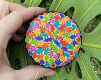 Flower Rainbow Pattern - Hand Painted Rock Art / plaster. Acrylic Paint.
