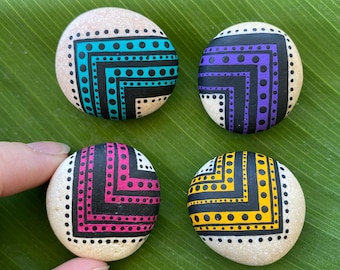 Rainbow Dot Pattern Hand Painted Miniature Rocks - Acrylic Paint- 4 Stones