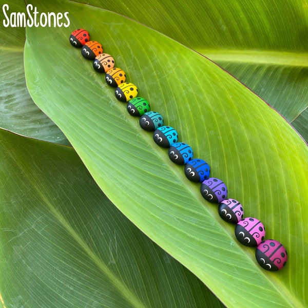 Rainbow ladybugs, painted on stones (small) magnet optional