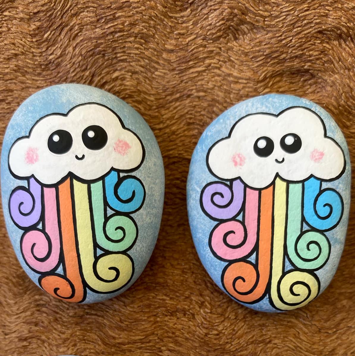 Happy cute rainbow clouds - (choose 1 rock) Hand Painted Rock Art. Acrylic Paint.