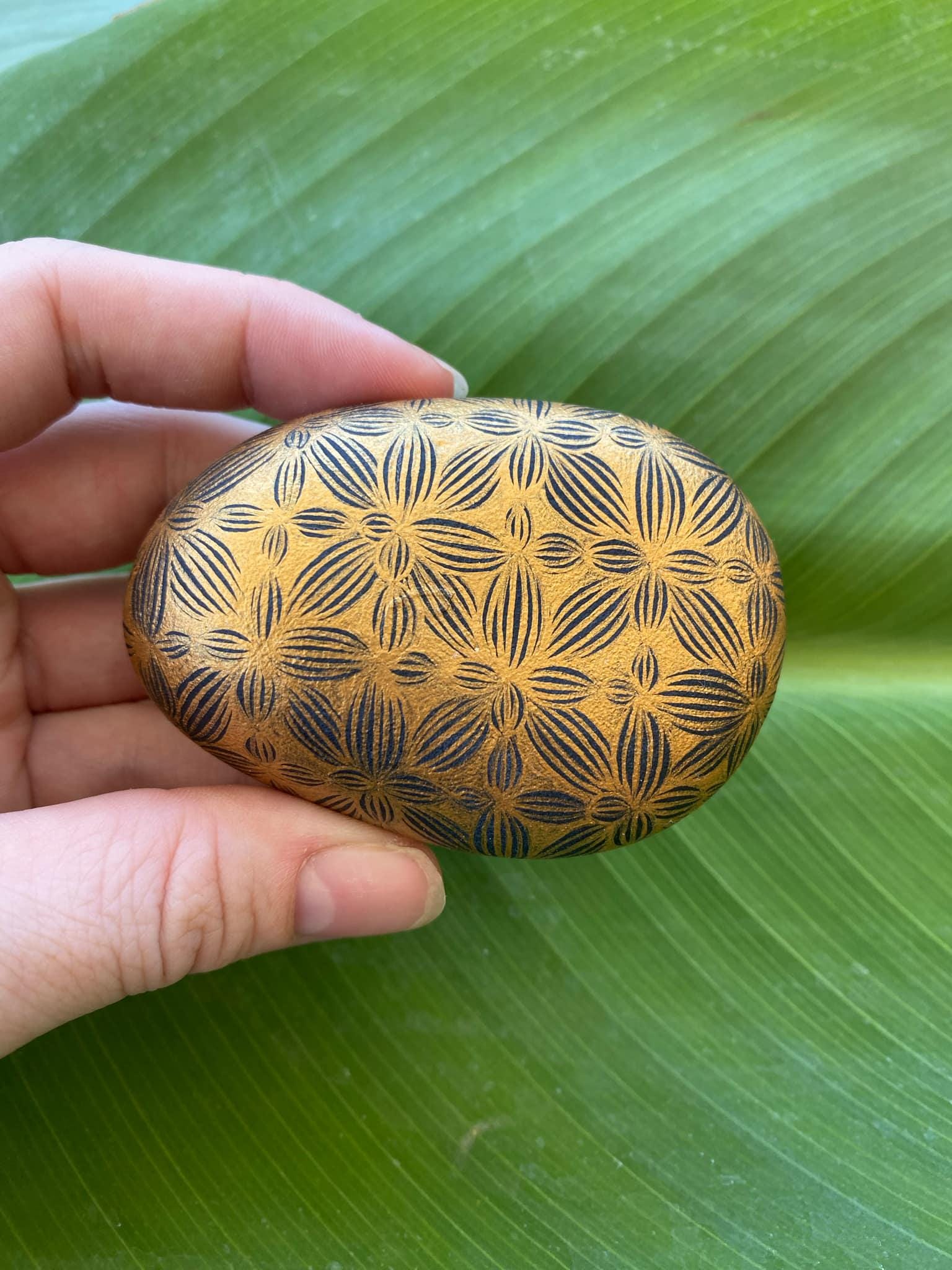 Golden Zen Bloom, zentangle art, hand painted rock. acrylic paint