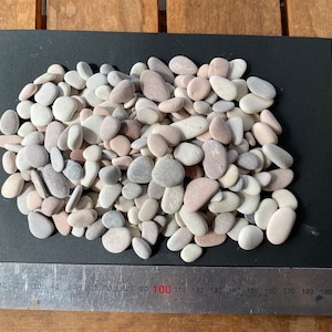 Puede incluir: Un montón de piedras lisas, blancas, grises y rosas sobre una superficie negra. Una regla es visible en la parte inferior de la imagen con marcas de 10 a 220.