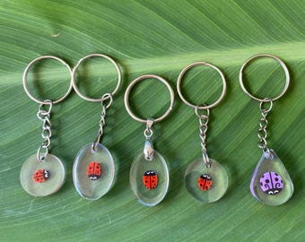 Hand Painted Ladybug Rock Resin Keychain - Acrylic Art