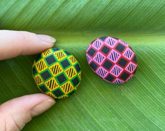 Square Checkers Patterns Hand Painted Rocks. Art. Acrylic Paint.