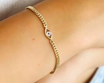 14K Gold Evil Eye Bracelet, Cuban Link Chain Evil Eye Bracelet,Friendship Bracelet,Dainty Bracelet,Minimalist Bracelet,Gift For Her,LVK49