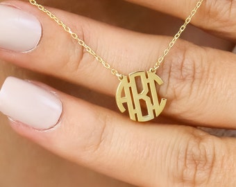 14K Solid Gold Dainty Monogram Necklace,Custom Monogram Initials Necklace,Personalized Name Jewelry,Bridesmaids Gifts,LVK41