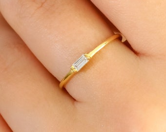 Dainty Baguette Diamond Ring,Gold Wedding Band,Minimalist Eternity Ring,Stacking Rings,Anniversary Gift for Her,LVK62