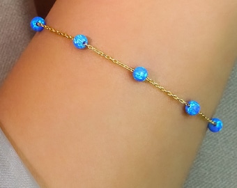 14K Gold Opal Bracelet,Blue Opal Bracelet,Opal Jewelry,Gift for Her, Minimalist Opal Bracelet,Opal Beaded Bracelet,LVK66