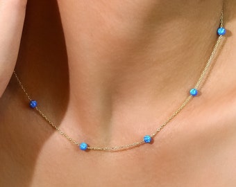 14K Massive Gold Blaue Opal Station Halskette,Zierlicher Opalschmuck,Edelstein Halskette,Brautjungfern Geschenk,Hochzeitsschmuck,Geschenk für Sie,LVK52