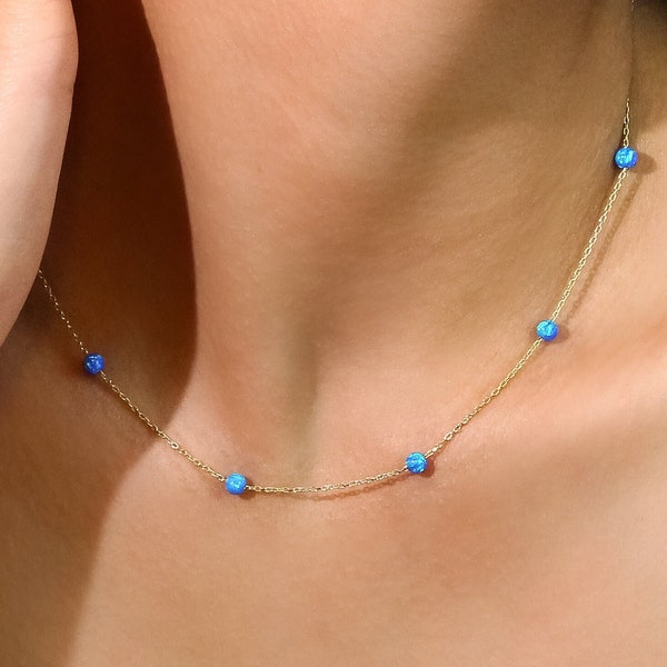 14K Solid Gold Blue Opal Station Necklace,Dainty Opal Jewelry,Gemstone Necklace,Bridesmaid Gift,Wedding Jewelry,Gift for Her,LVK52