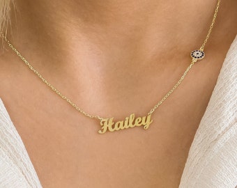 14K Solid Gold Name Necklace with Evel Eye,Personalized Name Necklace,Dainty Necklace,Gift For Her,LVK07