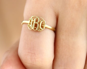 14K Solid Gold Monogram Ring,Dainty Initial Ring,Custom Statement Name Ring,Personalized Gift,Bridesmaid Gift,LVK46