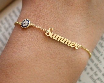 14K massief gouden naamarmband, aangepaste naamarmband met Evel Eye, sierlijke naamarmband, minimalistische armband, verjaardagscadeau, LVK32
