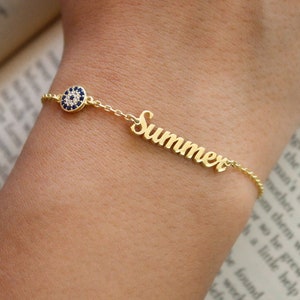 14K Solid Gold Name Bracelet,Custom Name Bracelet with Evel Eye,Dainty Name Bracelet,Minimalist Bracelet,Birthday Gift,LVK32