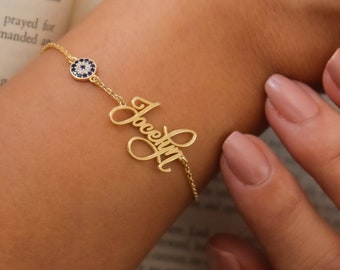 14K Solid Gold Name Bracelet with Evil Eye, Personalized Jewelry, Gift For Her