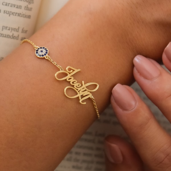 14K Solid Gold Name Bracelet with Evil Eye, Personalized Jewelry, Gift For Her
