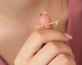 14K SOLID GOLD Mommy Necklace, Minimalist, Gifts For Her, Mothers Day Gift, Handwriting, Script Font  Necklace, Gift For Mama, LVK13