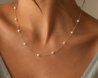14K Gold Pearl Necklace,Dainty Freshwater Pearl Necklace,Gold Pearl Jewelry, Bridesmaid Gifts