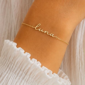 Bracciale con nome in oro massiccio 14 carati, bracciale personalizzato in oro vero, bracciale con nome personalizzato, bracciale delicato da indossare a strati, gioiello fatto a mano, regalo per la mamma