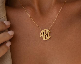14K Solid Gold Monogram Necklace, Personalized Initial Necklace, Monogram Pendant, Custom Necklace, Gift for Her