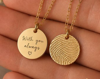 14K Solid Gold Personalized Fingerprint Necklace,Custom Fingerprint Pendant, Sympathy Gift, Memorial Gifts for Mom,Engraved Jewelry
