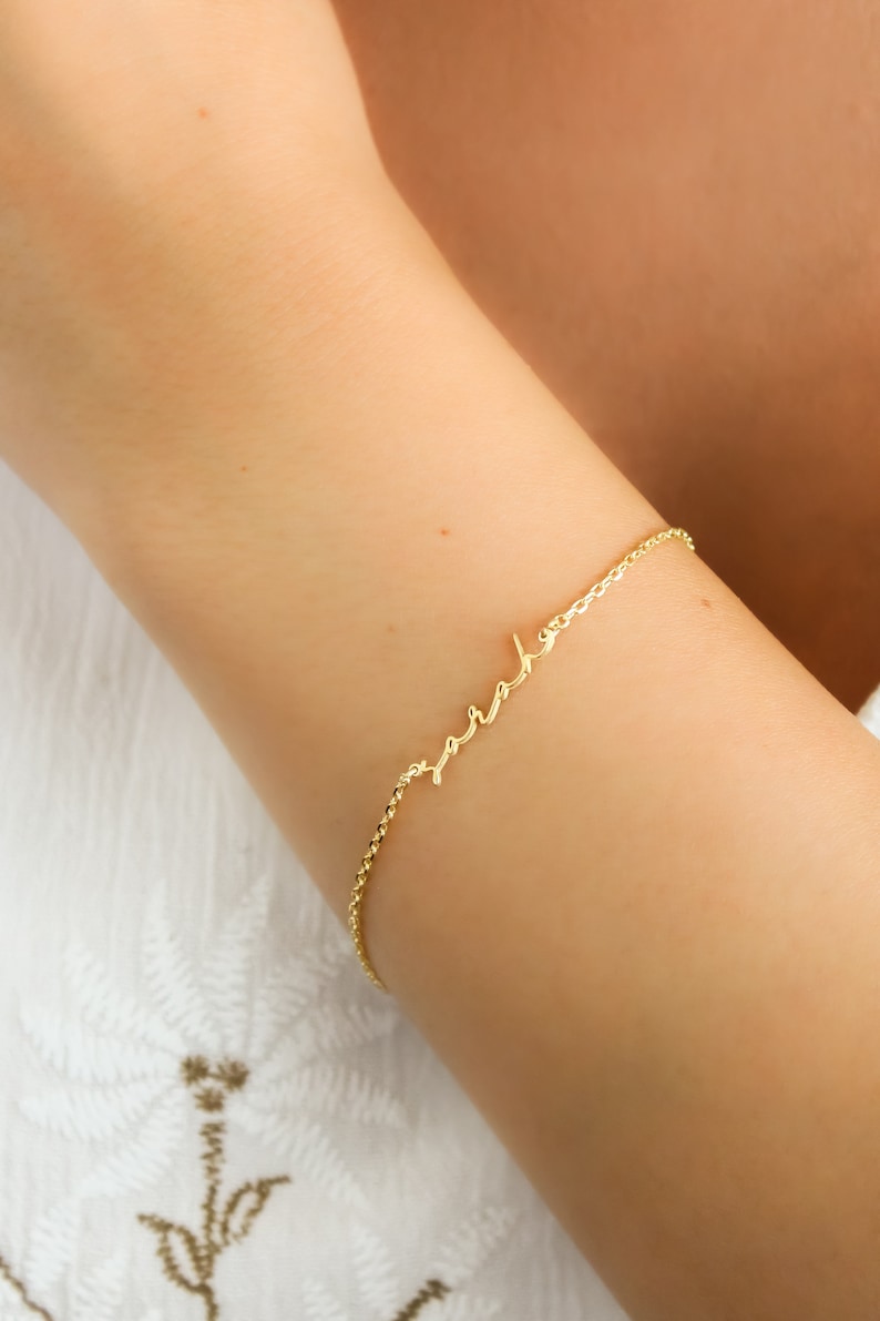 14K Gold Name Bracelet,Personalized Name Bracelet,Dainty Layering Bracelet,Custom Name Jewelry,Gift for Mom,LVK04 image 2