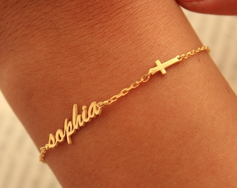 Personalized Name Bracelet with Cross - Custom Name Jewelry - Minimalist Gift For Her