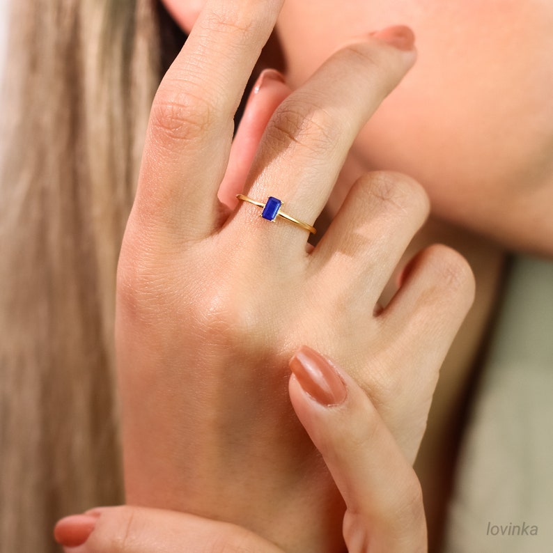 Sapphire Dainty Baguette Stacking Ring,Gold Sapphire Ring,Minimalist Ring,Simple Sapphire Ring,Sterling Silver Ring,Thin Ring,LVK65 image 5