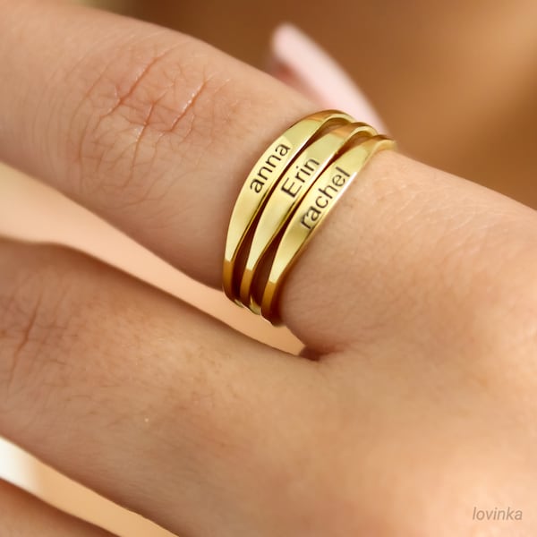 14K Solid Gold Name Ring,Skinny Stackable Name Ring,Personalized Stacking Rings,Gift for Bridesmaids,LVK12